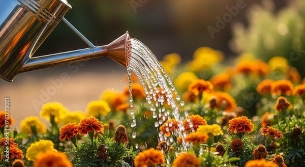 Obraz Watering Can Pouring on Marigold Flowers
