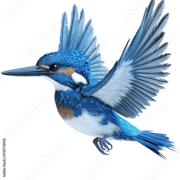 Fototapeta Belted Kingfisher Bird Flying full body view isolated on white or png transparent background 