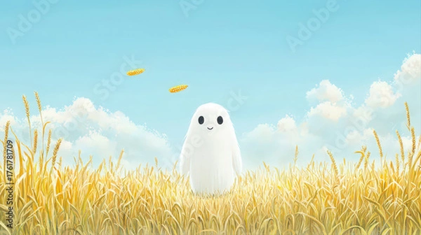 Fototapeta Cute gentle ghost character standing in golden field under blue sky. Peaceful and serene farm scene with pastel tone for whimsical mood