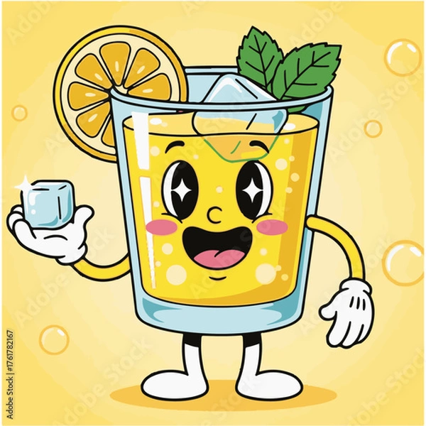 Fototapeta Retro Cartoon Glass of Lemonade Mascot Holding an Ice Cube