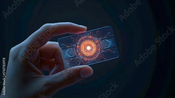 Fototapeta Hand pushing a power button on a futuristic touch screen interface for innovation and business success