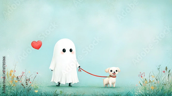 Fototapeta Cute gentle ghost walking little dog pet on leash. whimsical illustration showing love and friendship with red heart in sky