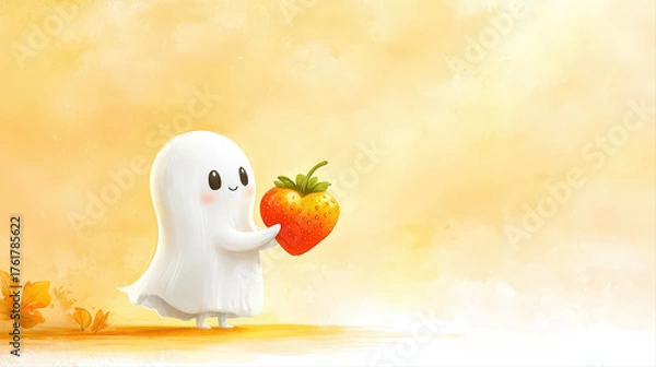 Fototapeta Adorable ghost expresses pure joy, gently holding heart shaped strawberry soft golden light. Background glows with warm yellow hues, creating