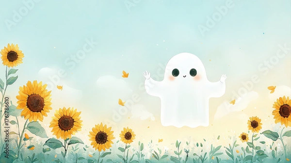 Fototapeta Charming little ghost happily floats among golden sunflowers under soft sky.