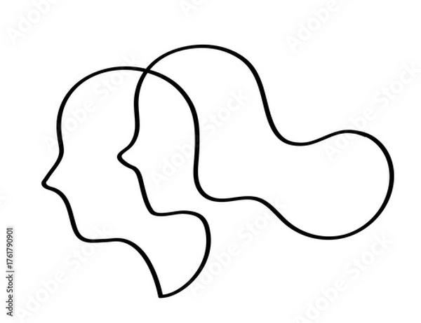 Fototapeta Minimalist line art illustration of two overlapping human profiles facing the same direction. Abstract continuous one-line drawing symbolizing connection, unity, and relationships.