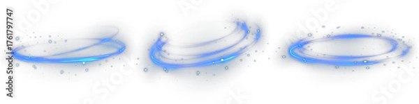 Fototapeta Glowing blue neon circle frame with magic spark and bright LED light effect. Futuristic laser swirl ring design for modern technology banners, vector illustrations, and disco background concepts.