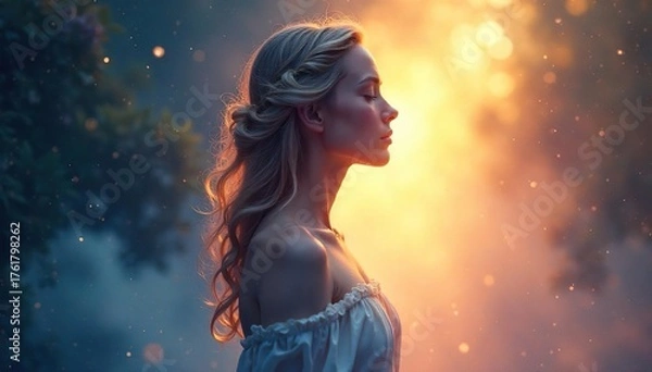 Fototapeta Ethereal Figure Radiating Inner Peace Abstract Representation of Spirituality, Mindfulness, and Tranquility. Perfect for concepts of hope, the afterlife, and spiritual awakening.