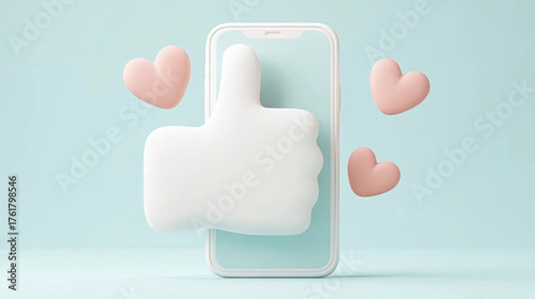 Fototapeta Like symbol popping out of smartphone with floating hearts