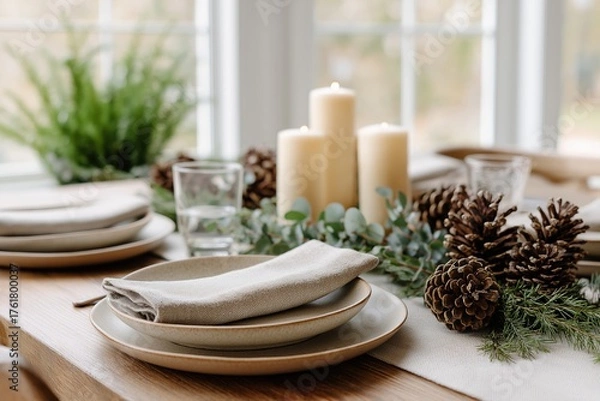 Fototapeta Rustic holiday dinner table setting with ceramic plates and candles