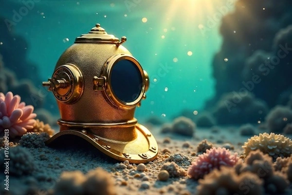 Fototapeta Sunken Treasure A Glittering Gold Diving Helmet Rests on a Sunlit Seabed, Evoking Underwater Adventure and Exploration