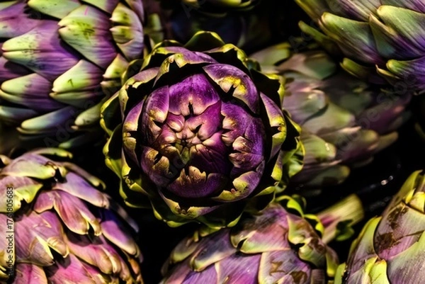 Fototapeta Close Up of Fresh, Vibrant Artichokes in Market Setting with Captivating Purple Hues and Textures