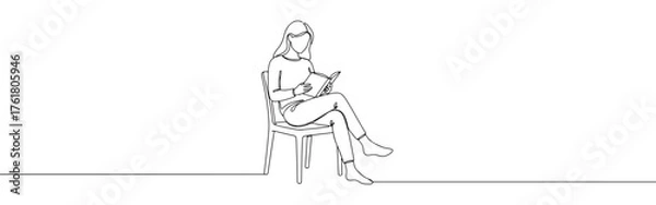Fototapeta Continuous one-line drawing of a woman reading a book in an armchair under a lamp, depicting relaxation, education, and cozy indoor activities.