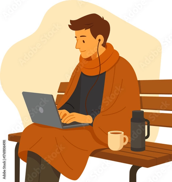 Obraz Flat vector illustration of a man sitting on a bench with a laptop, coffee, and thermos. Cozy autumn concept for freelance work, remote job, or studying outdoors.