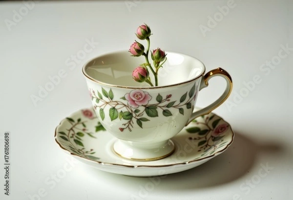 Fototapeta Elegant white teacup and saucer set adorned with delicate floral rose motifs, showcasing intricate vintage design and a touch of nature with budding pink roses.