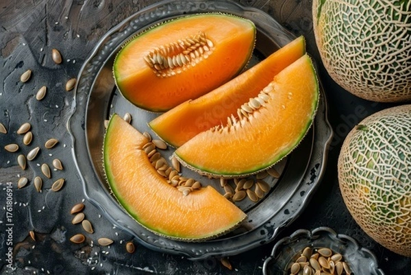 Fototapeta Vibrant Arrangement of Fresh Cantaloupe Wedges