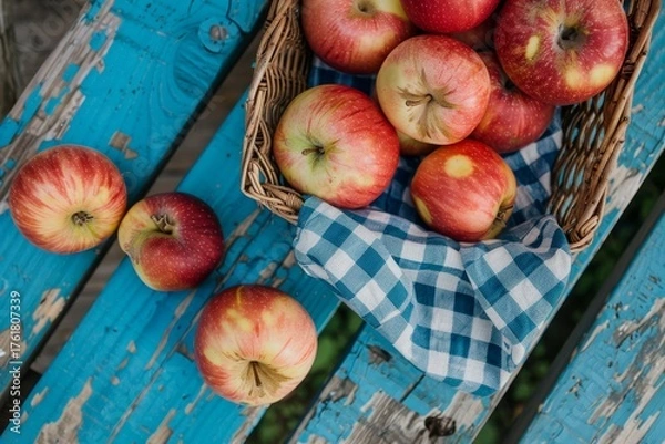 Fototapeta Rustic Harvest of Apples overflowing. A Basket filled with apples on blue wooden planks backdrop