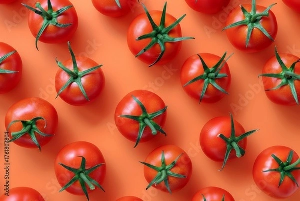 Fototapeta Fresh Round Tomatoes Arranged in Neat Pattern Display on a Bright Orange Surface for Healthy Eating