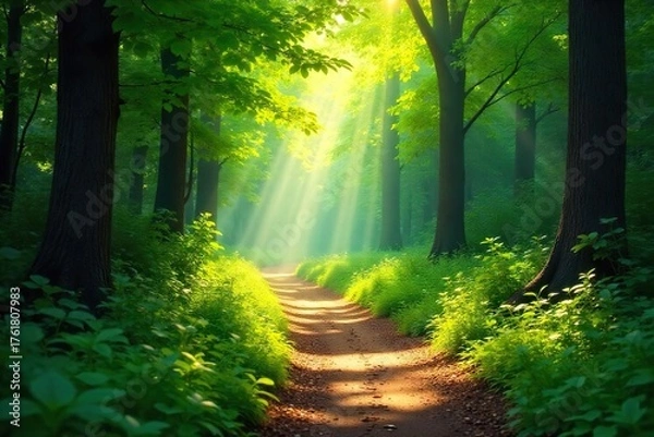 Fototapeta Magical Summer Forest Path Sunlight Dapples Lush Green Foliage, Creating a Serene and Idyllic Atmosphere Perfect for Travel and Nature Photography