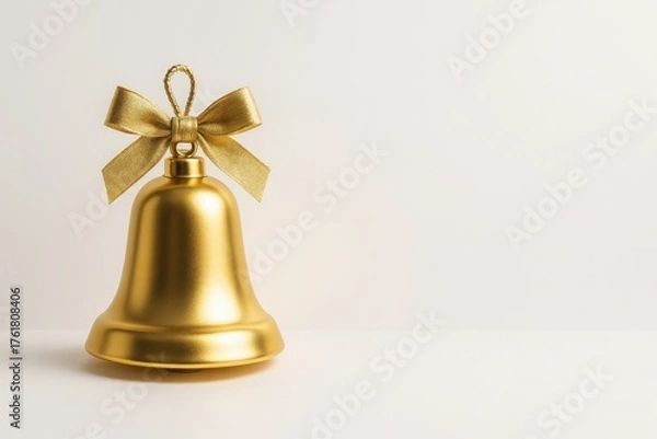 Fototapeta Golden Christmas bell ornament with bow on clean white background with soft lighting and space for text concept of holiday celebration luxury and new year