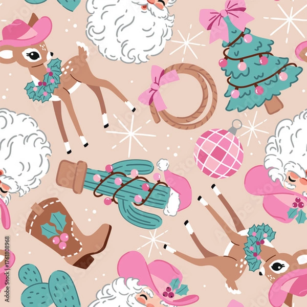 Fototapeta Seamless vector pattern with cowboy Santa Claus and vintage Christmas deer. Hand drawn western pattern with cactus and Christmas tree. 