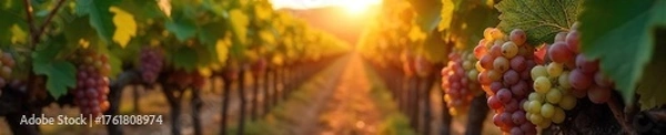Fototapeta Golden Hour Grapes Ripe Purple Clusters Ready for Harvest in a Sunlit Vineyard, Signalling the Start of Winemaking