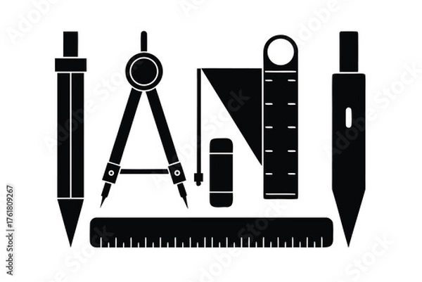 Obraz Technical drawing tools silhouette vector illustration set design