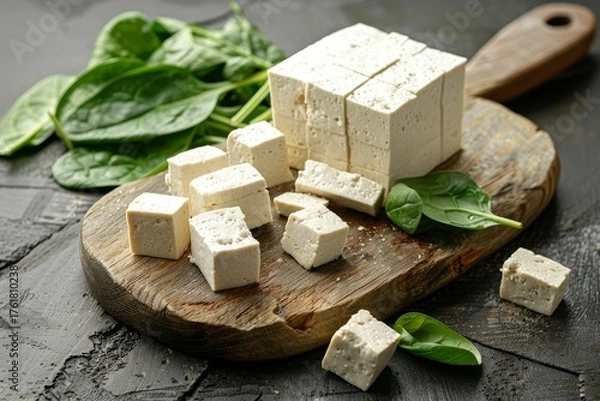 Fototapeta Fresh Tofu Cubes on Wooden Cutting Board with Green Spinach, Healthy Meal Preparation Ingredients