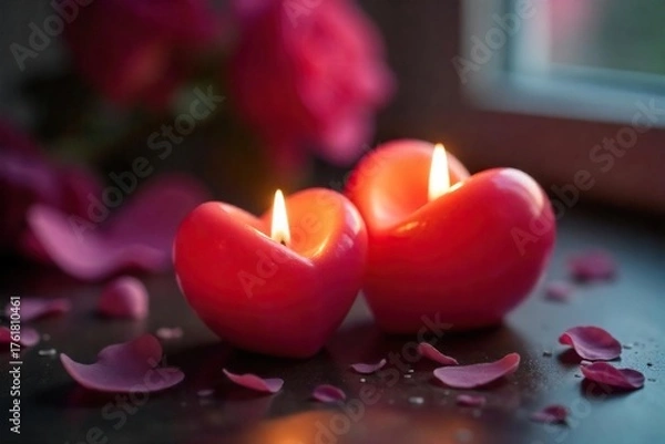 Fototapeta Romantic Heart-Shaped Candles Subtly Lit for Valentines Day, Anniversaries & Intimate Ambiance