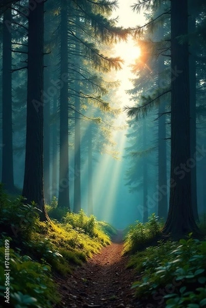 Fototapeta Mystical Sunlight Dapples Through Dense Pine Forest, Creating a Serene and Tranquil Landscape - Perfect for Nature, Travel, and Environmental Projects