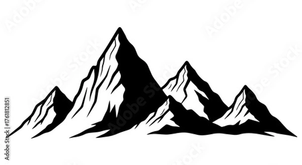 Obraz A bold, monochrome vector graphic illustrates a formidable mountain range with multiple sharp, angular peaks set against a clean white background