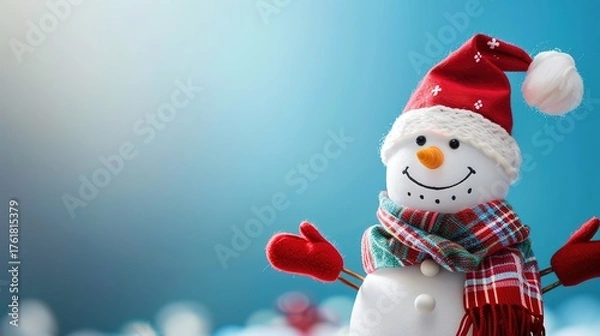 Obraz Warm & Cute High-Resolution Christmas Snowman Scarf Hat Christmas Background – Perfect for Christmas Greeting Cards, Home Decor Prints, Kids’ Craft Projects & Social Media Covers. Features an Adorable