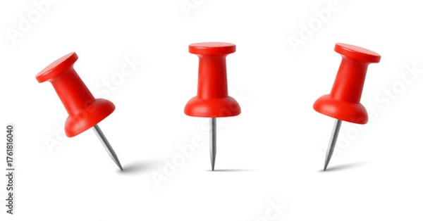 Obraz Realistic Red Push Pin Vector Set with Shadows on White Background