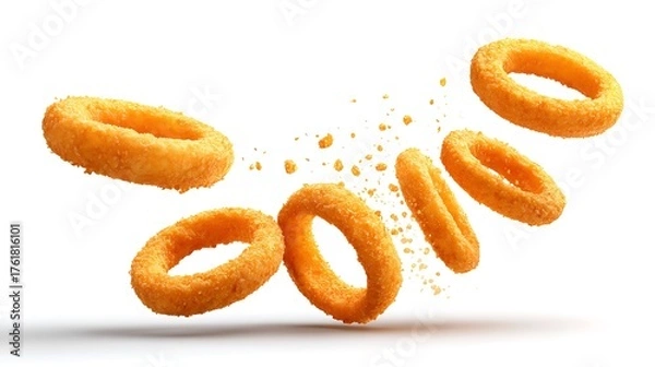 Obraz Delicious Golden Brown Crispy Onion Rings Floating on a Clean White Background