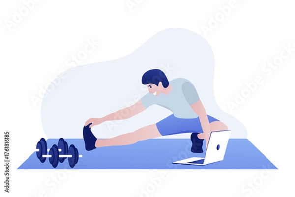 Fototapeta Man Stretching on Exercise Mat with Laptop for Online Fitness Training
