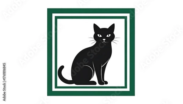 Obraz Black Cat Silhouette in Green Square Frame.