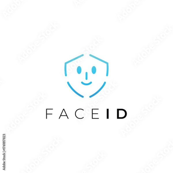 Fototapeta Modern Face ID logo combining a human face and shield symbol, representing security, privacy, and protection. Perfect for app icon, technology brand, or digital identity design.
