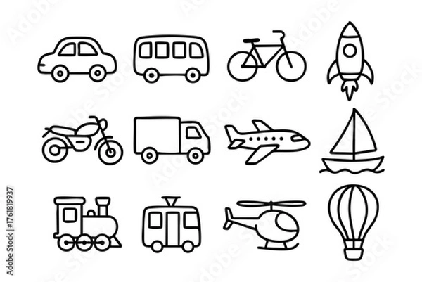 Fototapeta Different transport doodle line icon set – travel and vehicle vector illustration