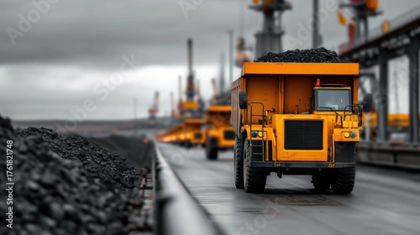 Fototapeta Heavy construction equipment transporting coal in a large industrial port during overcast weather
