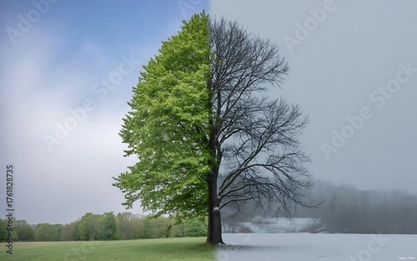 Obraz Tree divided showing spring and winter seasons
