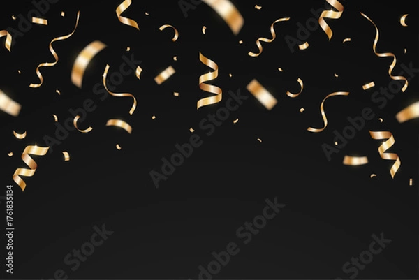 Fototapeta Gold confetti celebration party isolated on a black background. Falling golden ribbon for carnival, New Year, birthday and festival design. Confetti explosion on white backdrop. Vector illustration