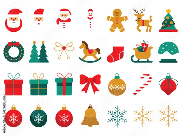Fototapeta Collection of Christmas icons including Santa Claus, reindeer, and tree arranged in festive decorative grid style