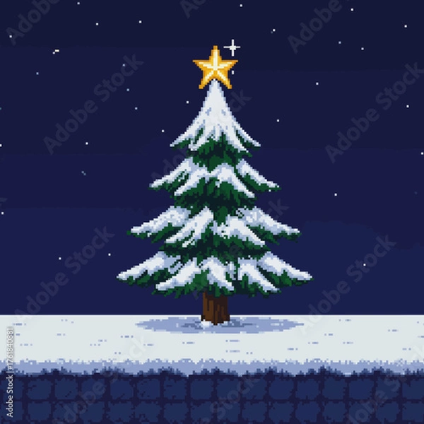 Fototapeta Pixelated Christmas tree with star topper, covered in snow, against a starry night.