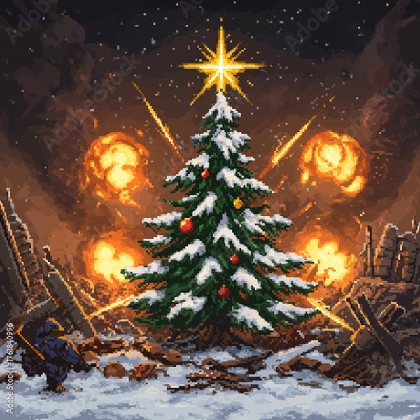 Fototapeta A Christmas tree stands amidst explosions and destruction, with a soldier in the foreground.