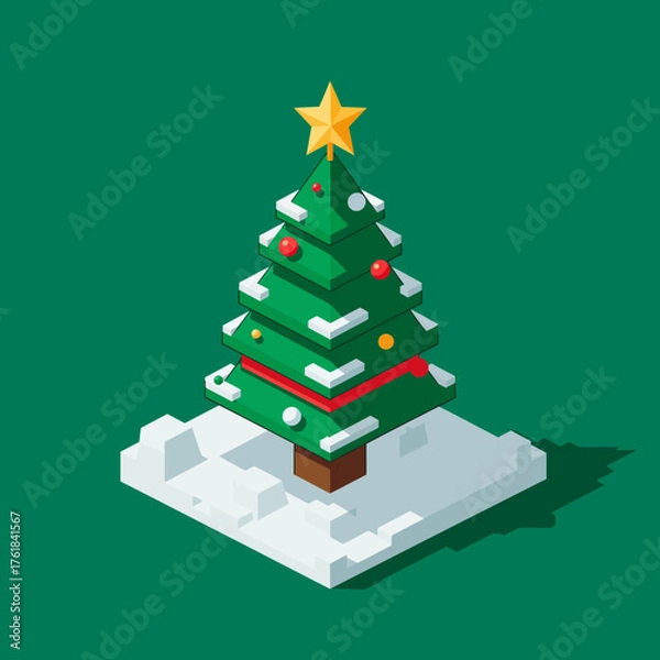 Fototapeta Isometric Christmas tree with snow, red ribbon, ornaments, and a gold star on a green background.