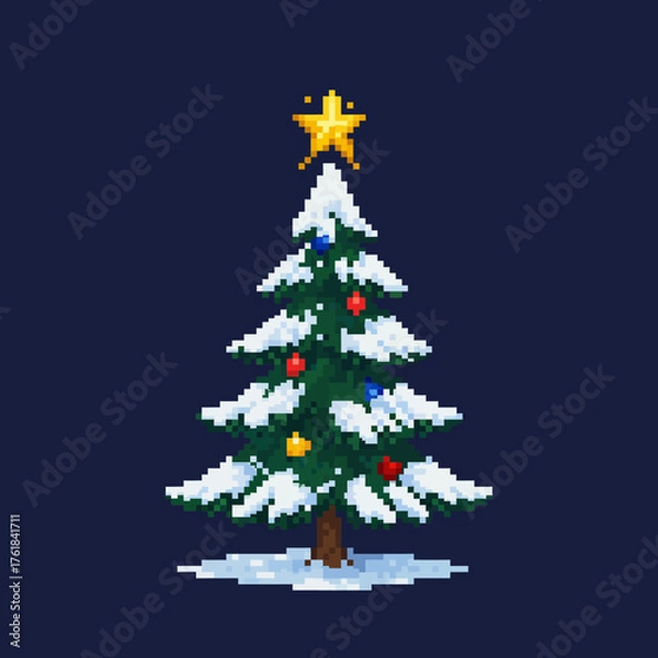 Fototapeta Pixelated Christmas tree decorated with ornaments and topped with a golden star.