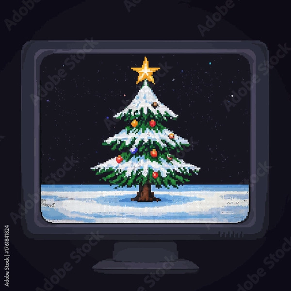 Fototapeta A pixelated Christmas tree with snow and ornaments displayed on a monitor screen.