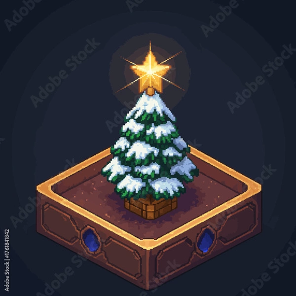 Fototapeta Animated pixel art Christmas tree with golden star and snow on a pedestal.