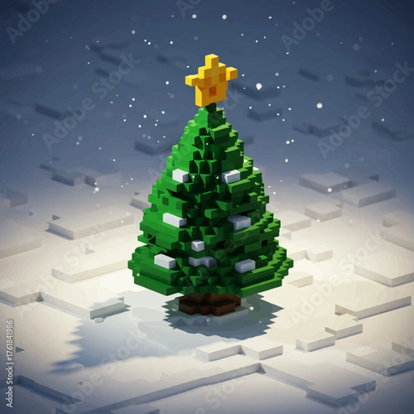Fototapeta A pixelated Christmas tree with a golden star on top, surrounded by snow.