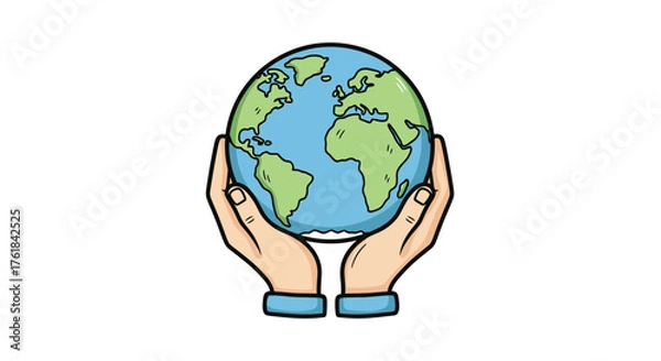 Fototapeta Human hands gently cradling a stylized blue and green Earth globe illustration.