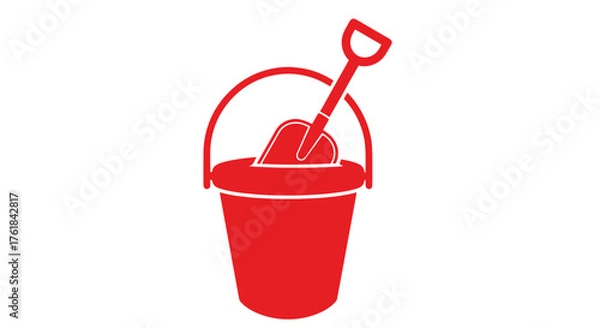 Fototapeta Red Bucket with Shovel: Simple Childhood Icon.